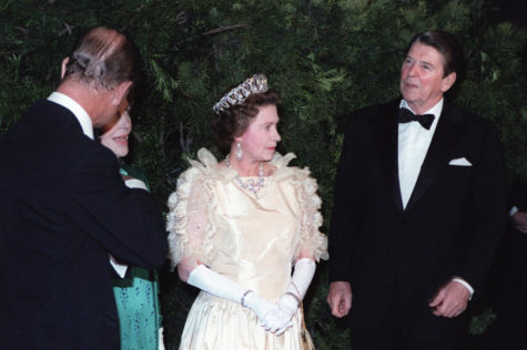 President and Mrs. Reagan attend a state dinner with Queen Elizabeth II and Prince Philip.